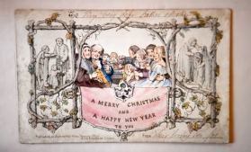 Prima felicitare de Crăciun tipărită, din 1843, expusă la Londra